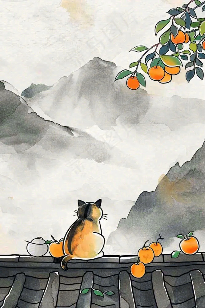 古风屋檐上的橘子树猫咪中国风插画处暑秋分白露插画背景(896x1344)