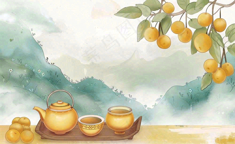 秋天果树杏树下茶壶饮茶卡通插画立秋秋分背景(1408x864)