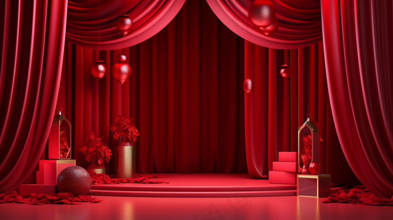 中国风红色婚庆节日年会舞台产品展示台创意图3D建模摄影图
