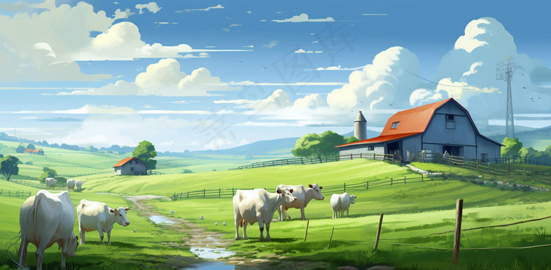 卡通农场畜牧农庄广袤无垠蓝天白云插画背景(4704x2304)