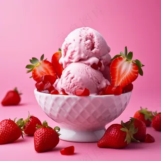 草莓冰淇淋球夏日清凉粉色背景摄影图