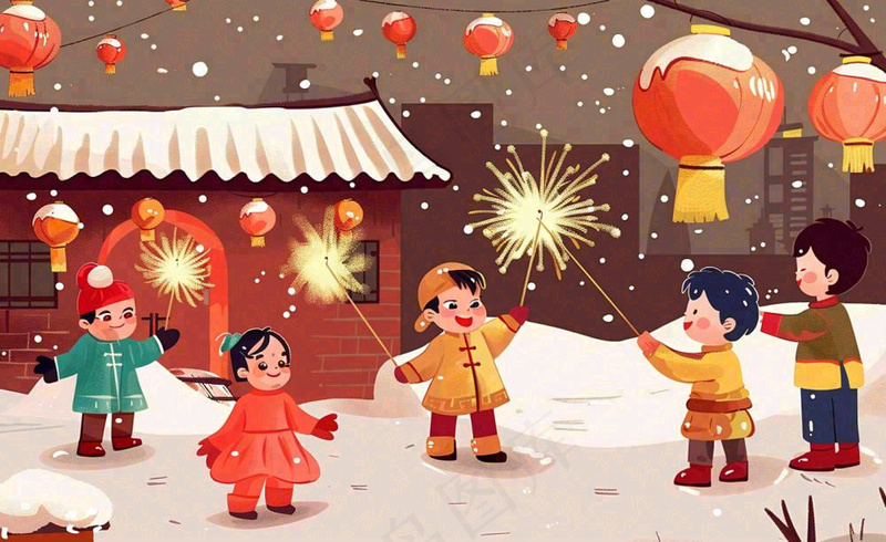卡通新年除夕夜孩童放烟花鞭炮团聚喜庆春节插画过年背景