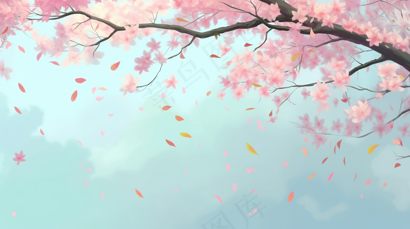 春天樱花桃花树粉色花瓣飘落卡通插画背景(4368x2448)