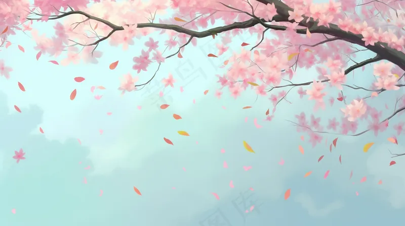 春天樱花桃花树粉色花瓣飘落卡通插画背景(4368x2448)