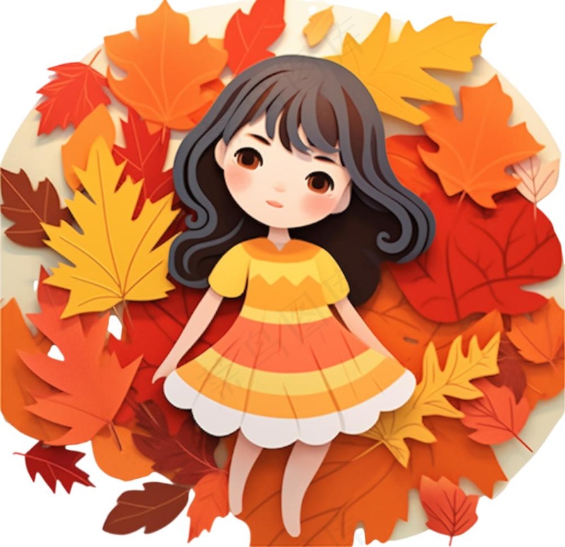 秋天躺着落叶上的女孩儿童树叶卡通插画免抠(1056x1024)