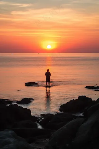 站在礁石上观赏落日的人落日余晖倒影摄影图