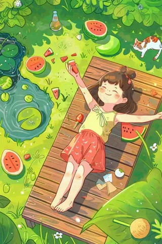 夏季乘凉吃西瓜场景女孩躺着庭院大暑小暑插画炎热插画背后