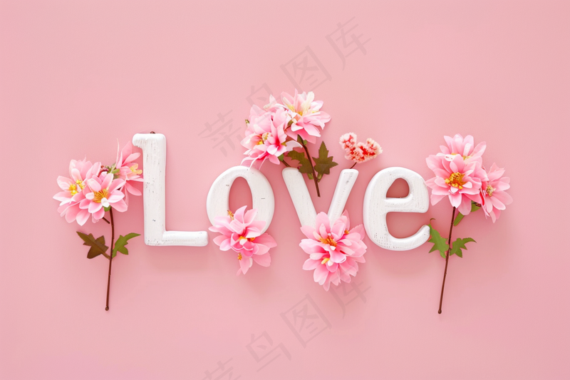 花卉贺卡妇女节花平铺着带有LOVE字母粉色背景摄影图(4032x2688)