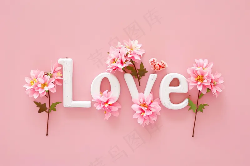 花卉贺卡妇女节花平铺着带有LOVE字母粉色背景摄影图(4032x2688)