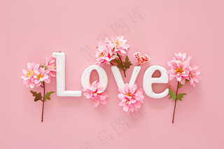 花卉贺卡妇女节花平铺着带有LOVE字母粉色背景摄影图