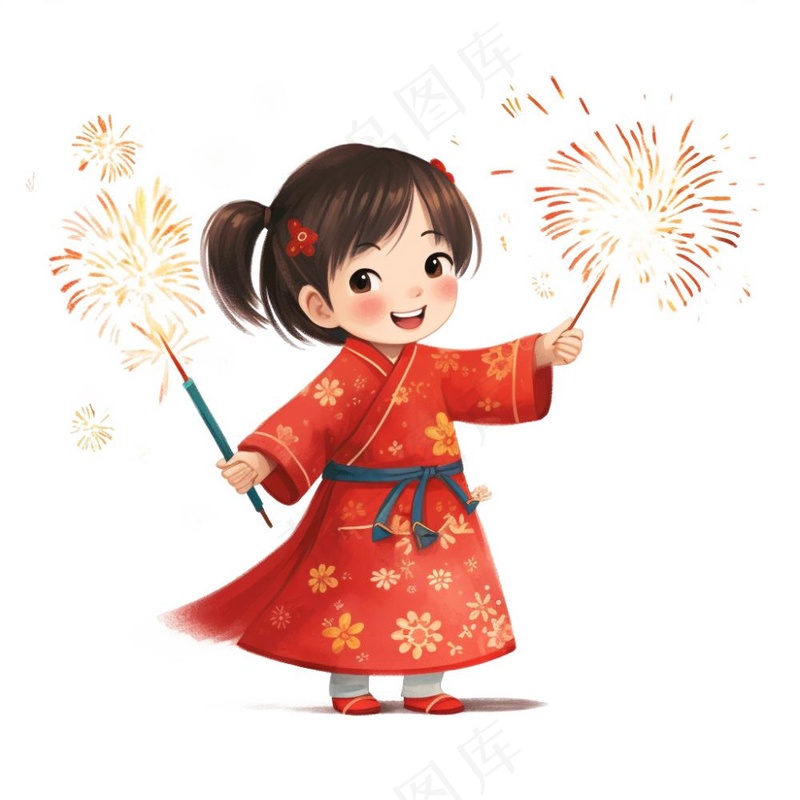 新年放烟花的女孩儿童红色衣裙庆祝卡通插画免抠(1024x1024)