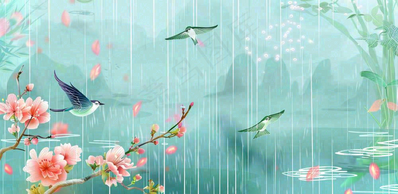 春天梅雨时节春暖花开燕子雨水谷雨惊蛰插画背景(1568x768)