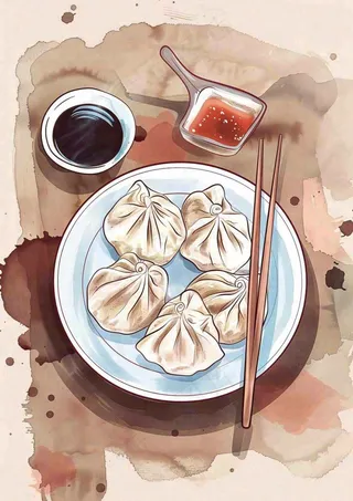 饺子中国传统美食水彩插画冬至节日