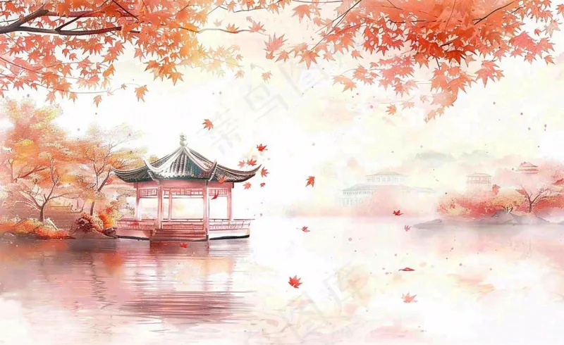 秋天红色枫叶江南水乡凉亭水墨画古风插画背景(1408x864)