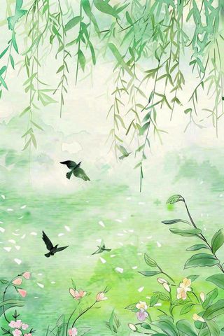 春天春暖花开柳树燕子草丛春游踏青立春惊蛰春分水彩插画背景