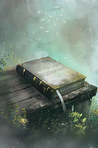 古老破旧的木桌上的魔法书书籍插画背景