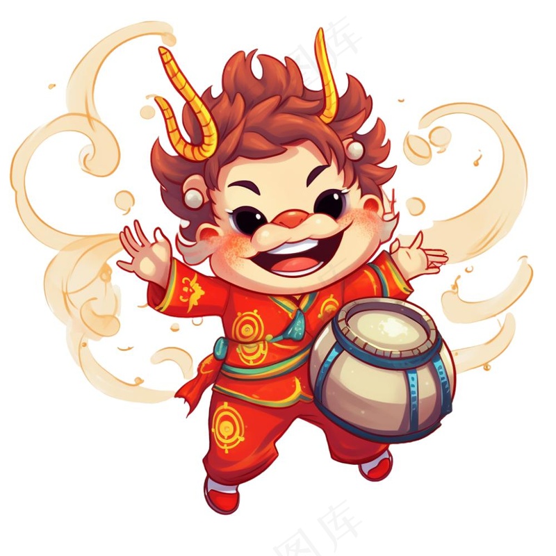 新春新年吉祥物打鼓生肖龙年卡通人物插画免抠(1024x1024)