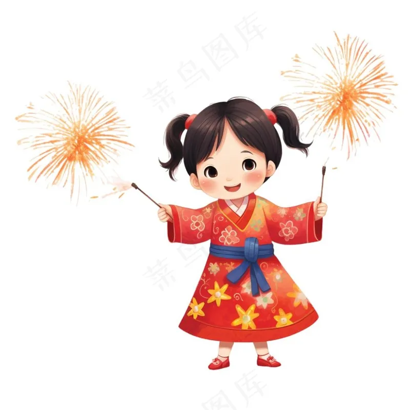新年放烟花庆祝春节儿童开心过大年卡通插画免抠(1024x1024)