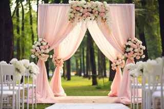 粉色婚礼布置现场户外婚礼森林摄影图