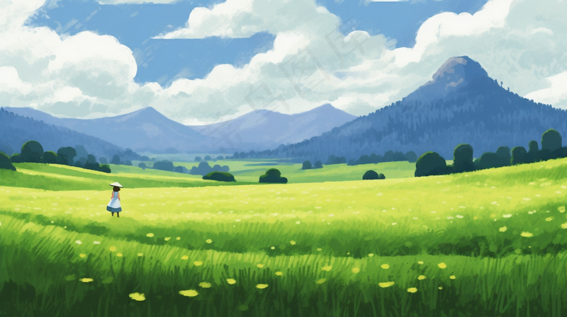 春天山林草原蓝天白云花丛摄影图(4368x2448)