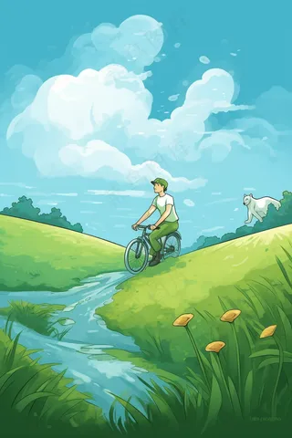 春游骑自行车的人风吹草地鲜花绿叶盛开卡通插画背景