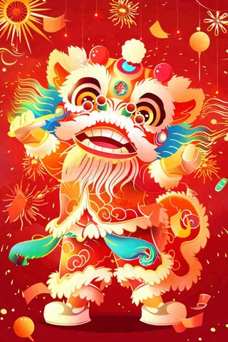 新年舞狮舞龙喜庆节日红色插画背景