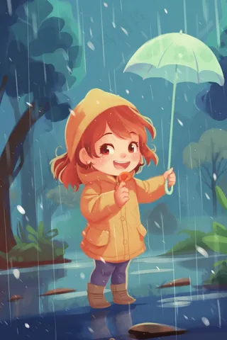 森林雨中漫步玩耍的女孩卡通插画背景