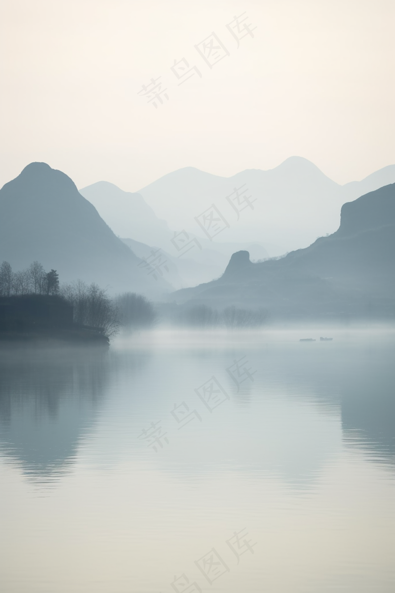 阴天山水倒影山水墨画古风背景黑白摄影图(2688x4032)