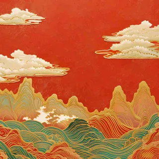 国潮风红色山云祥云青山红色祖国山河磅礴大气古风国庆新年插画背景