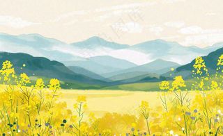 春天油菜花花田山峦蓝天白云惊蛰春分卡通插画背景