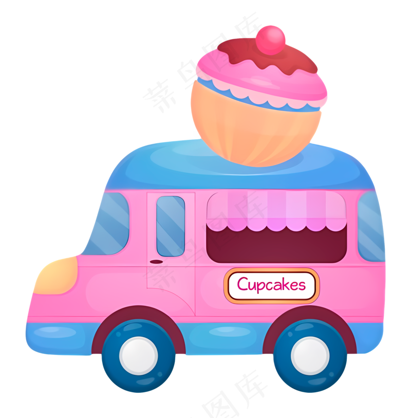 粉红色卡通的小车，上面有纸杯蛋糕