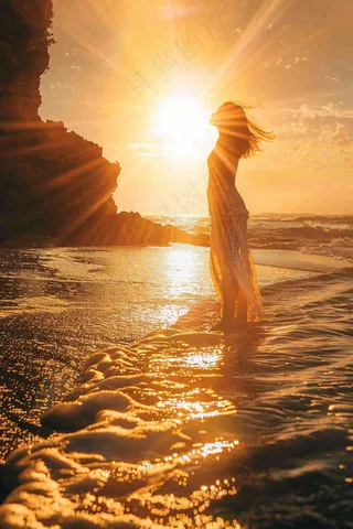 落日海洋沙滩夕阳晚霞摄影图 