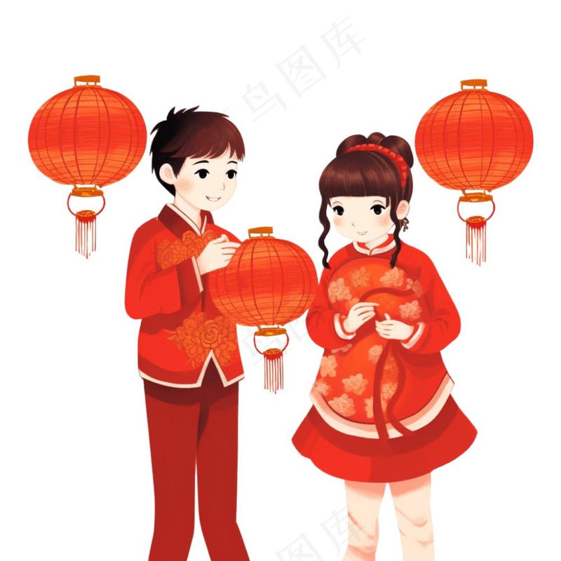 新年儿童拜年张灯结彩国潮春节红色手绘卡通插画免抠(1024x1024)