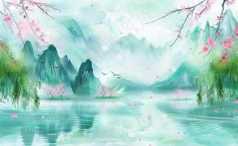 春天桃花柳树燕子清明山水国画中国风古风水雨水谷雨背景(1408x864)