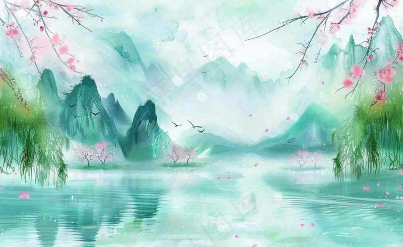 春天桃花柳树燕子清明山水国画中国风古风水雨水谷雨背景(1408x864)