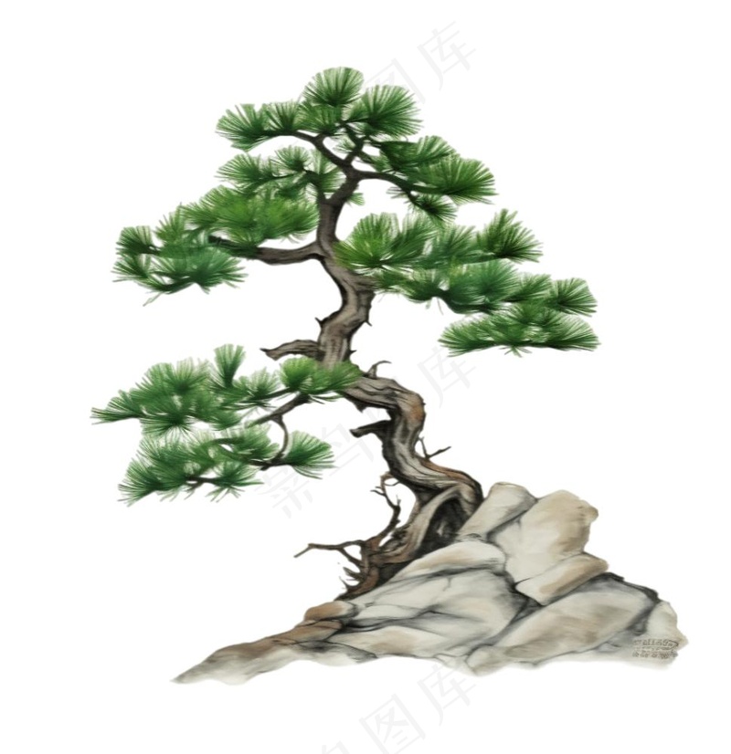 松树石壁上的迎客松古风水墨画插画免抠(1024x1056)