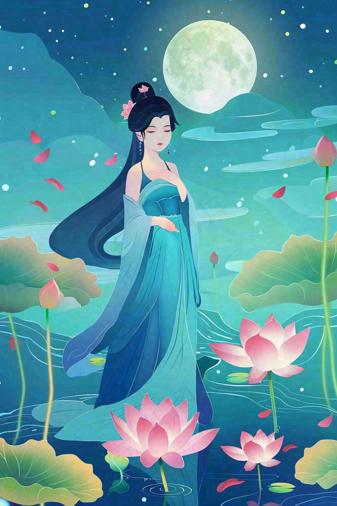 夏天古风国风古装少女荷花莲花池塘夜晚赏月夏至处暑中秋插画背景(896x1344)