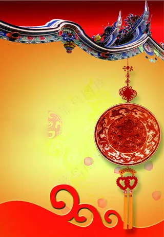 喜气古风古建中国结喜庆红黄背景末版