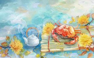 金秋螃蟹红枫叶茶壶水面涟漪中秋重阳秋分寒露水墨水彩插画背景