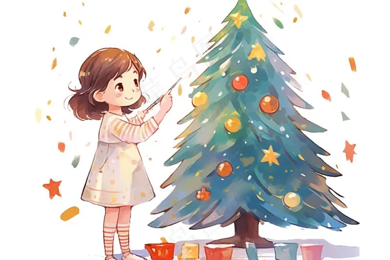 女孩装饰圣诞树可爱卡通插画免抠(1344x896)