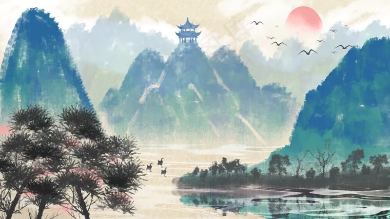 中国风山水彩色国画插画装饰画素材31psd模版下载