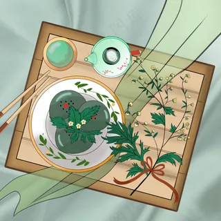 清明艾草青团寒食节传统草本顶视图原创手绘素材