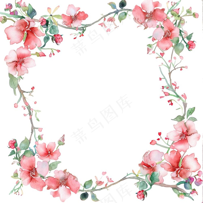 春天粉色花环水彩插画免抠(1024x1024)
