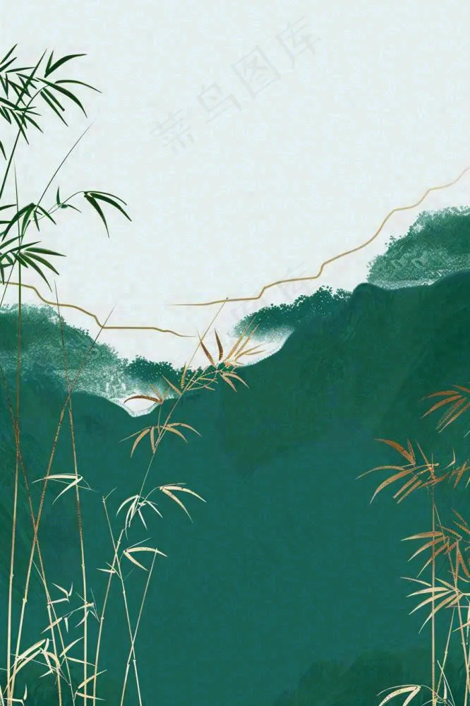 墨绿竹林青山端午清明淡雅水墨国风插画背景(896x1344)