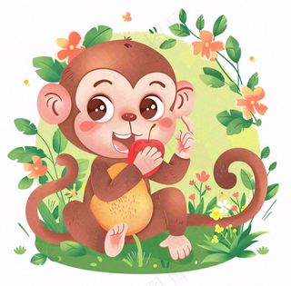 猴子吃苹果丛林植物动物卡通插画免抠