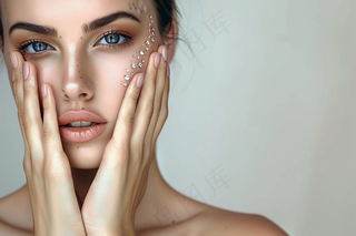 时尚欧美女性手势抚摸脸庞美丽摄影图