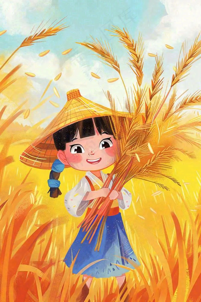秋收麦田里抱着麦穗的女孩农民芒种立秋秋分卡通插画背景(896x1344)