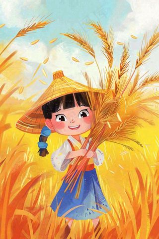 秋收麦田里抱着麦穗的女孩农民芒种立秋秋分卡通插画背景