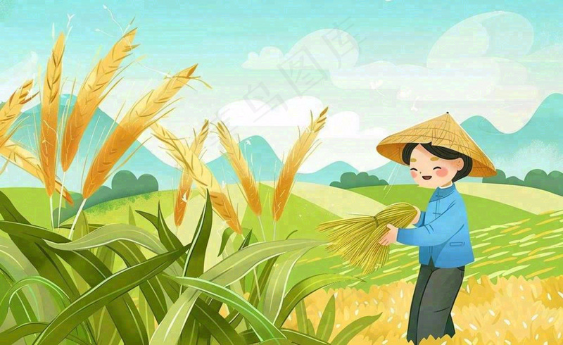 世界粮食日芒种秋收稻田麦子农民天空小满创意手绘卡通插画背景(1408x864)