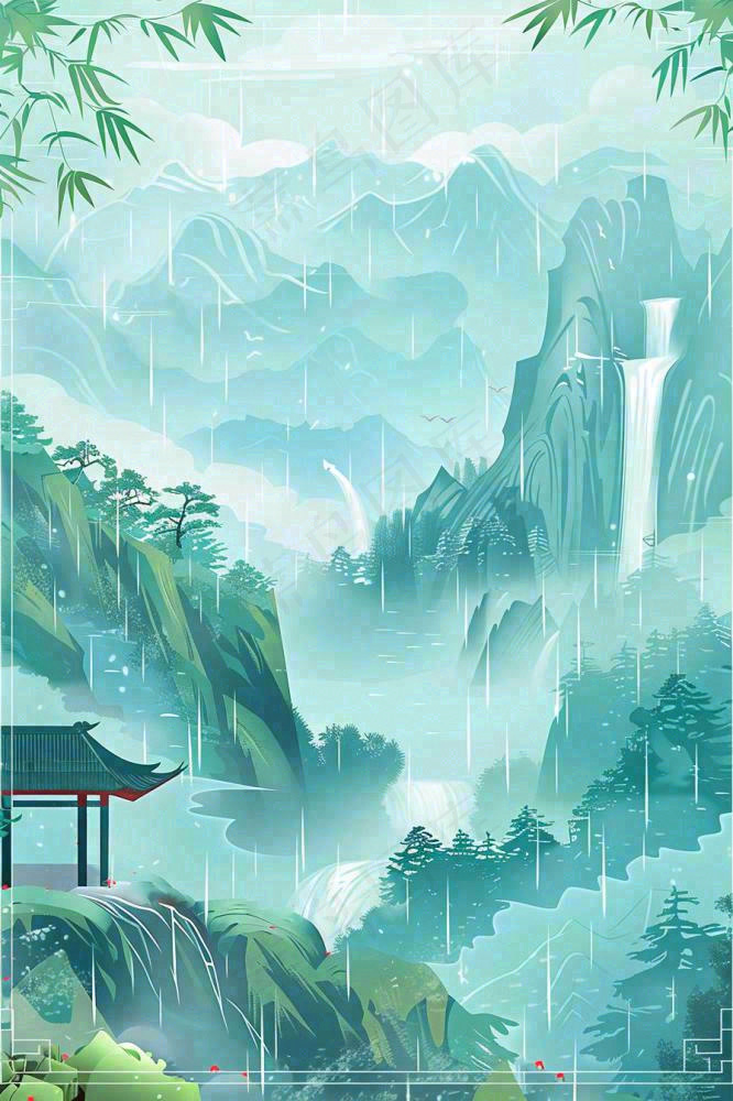 春天中国风古风山水水墨画雨天雨水谷雨清明插画背景(896x1344)